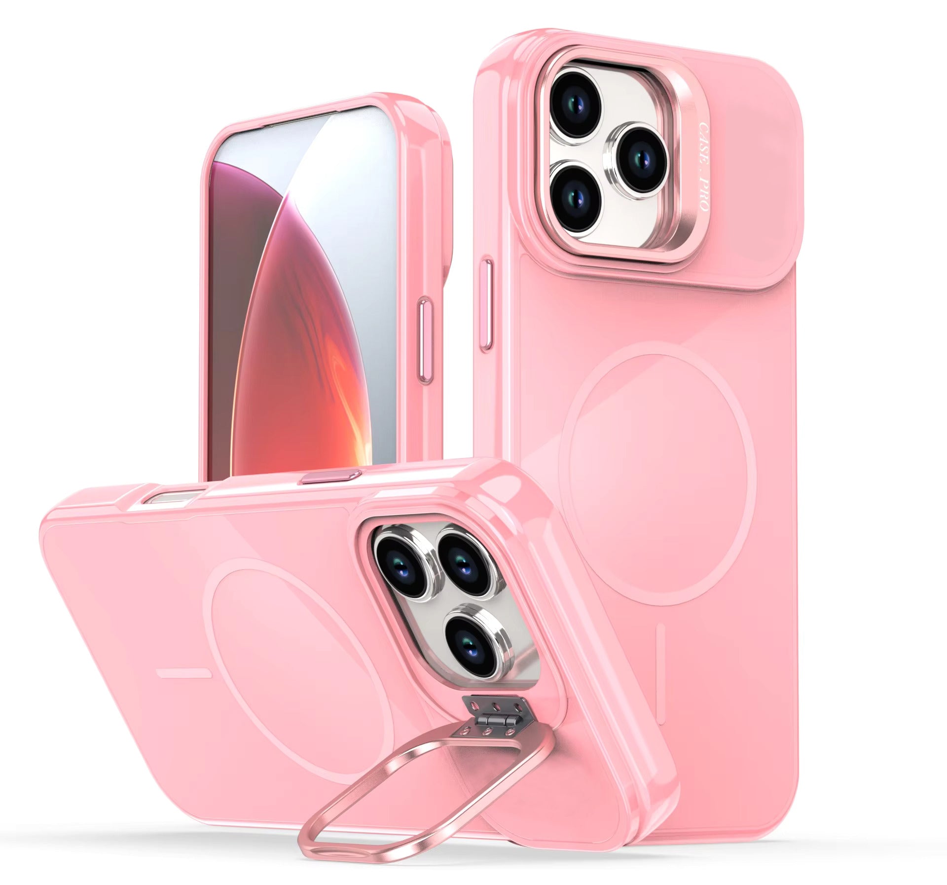 Reiko Built-in Stash Stand, Shockproof, Sturdy, Compatible with MagSafe Protection  Stylish Cover,  Compatible  with IPHONE 17  , PC76-IPH17PK